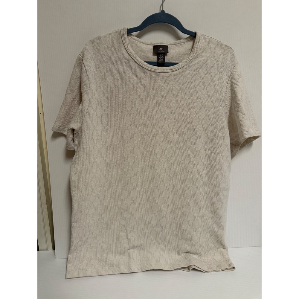 HM Slim Fit Beige Diamond Textured Knit Short Sleeve Crewneck Shirt Mens XL